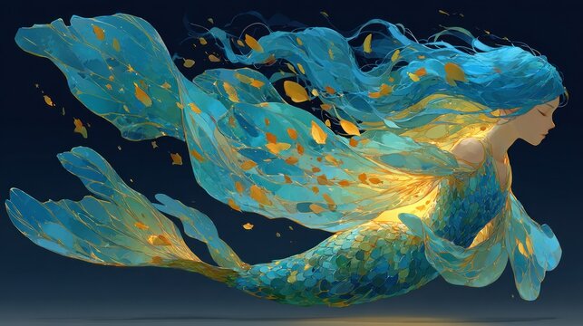 Mermaid swimming in ocean water.