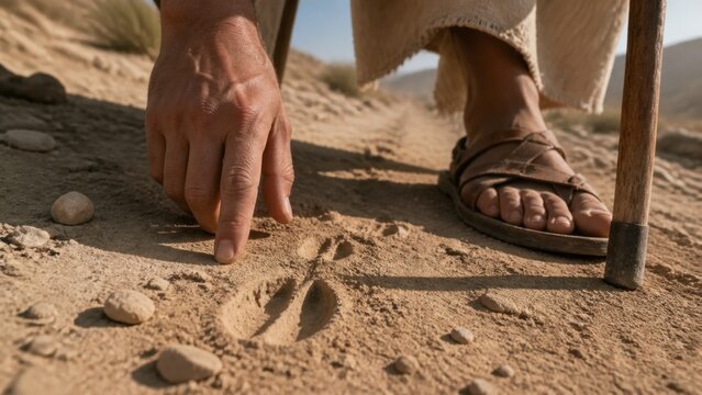 Jesus Christ tracing a lost sheep&rsquo;s footprints in the desert. Biblical parable of the lost sheep, spiritual guidance, repentance, compassion, and salvation.