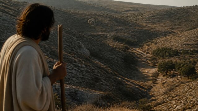 Shepherd searching for a lost sheep across a rocky wilderness landscape. Biblical parable of compassion, repentance, salvation, and divine love from the Gospel of Luke.