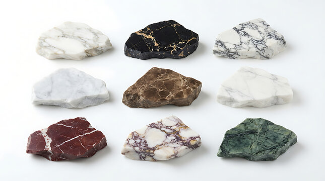 Raw mineral specimens of quartz, amethyst, pyrite, malachite, and hematite on white background, raw minerals