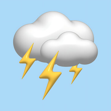 Cloud with lightning icon 3D render depicting a thunderstorm with three yellow bolts against a light blue sky for weather apps.