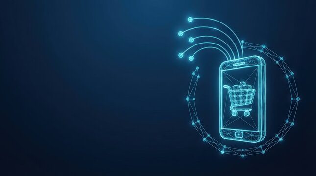 Futuristic glowing blue wireframe smartphone with shopping cart icon connected by digital nodes showcasing advanced ecommerce and AI innovation.