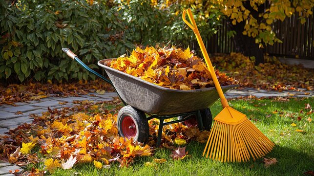 Wheelbarrow overflows with vibrant autumn leaves nestled among fallen foliage, conveying the essence of seasonal cleanup and yard maintenance