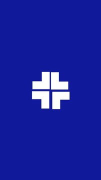 Four white monochrome interlocking L-shaped color blocks slide in from four corners to assemble a central square then flip one hundred eighty degrees on a cobalt background