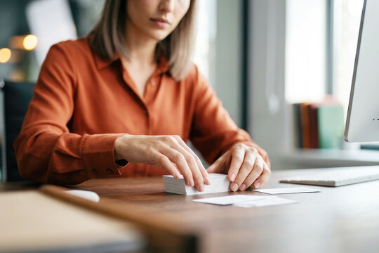 Businesswoman organizing stack of blank business cards on wooden office desk