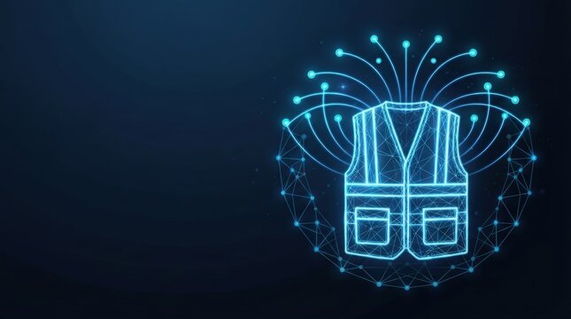 Glowing blue wireframe smart vest symbolizes advanced AI neural networks and futuristic digital innovation for tech, science, and high-tech applications.