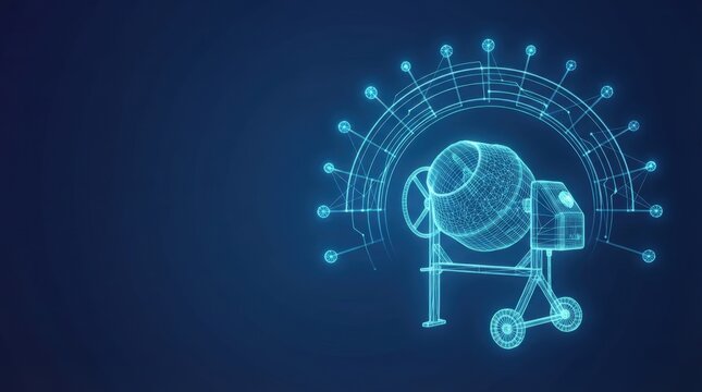 Glowing blue 3D wireframe smart concrete mixer showcases advanced digital innovation for AI-driven construction and high-tech infrastructure development.