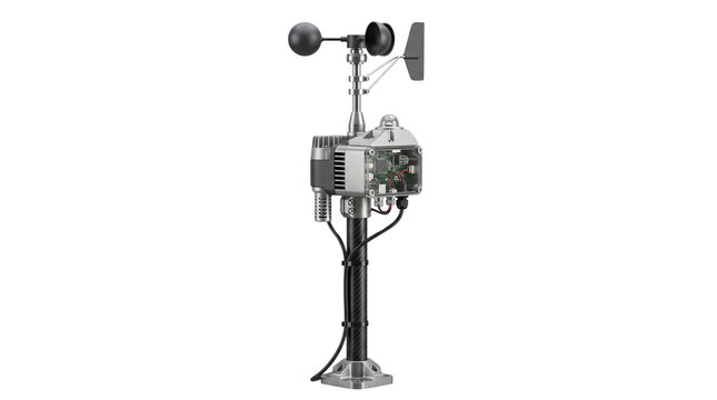 Professional anemometer weather station, industrial wind speed sensor on white background, meteorological monitoring equipment for climate data