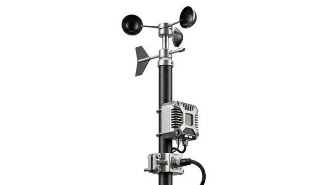 Professional anemometer for wind speed measurement, meteorological weather station sensor, industrial wind vane on white background