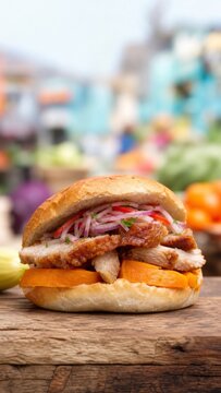 Delicious traditional Peruvian pork sandwich pan con chicharron