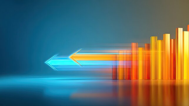 3D downward bar chart with motion light arrow, economic decline, market drop, business recession abstract background