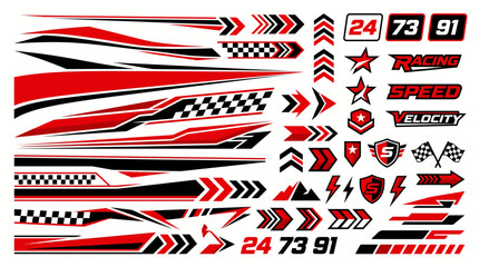 Obraz premium Red, black, and white racing decal set with checkered patterns, speed icons, numbers, shields, and banners for car wraps and automotive design