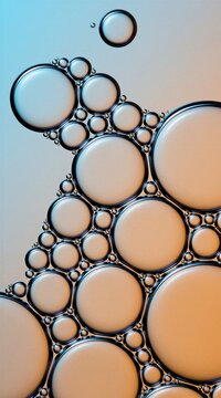 Macro shot of transparent bubbles in liquid. Round spheres float on smooth gradient background. Fluid mixture creates abstract geometric pattern. Small, large circular forms clear texture. Bright