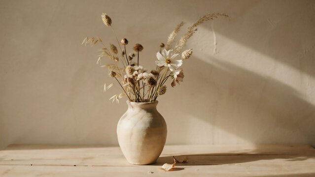 A beautiful rustic vase with dried flowers and grasses on a wooden table against a neutral beige wall with soft natural sunlight and shadows