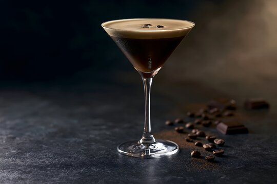 Espresso Martini with Rich Creamy Foam and Coffee Beans. Rustic Shot of Espresso Martini. Dramatic Side Angle of Espresso Martini.