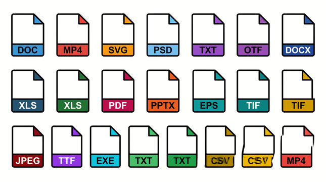 Collection of colorful file type icons representing common document and media formats such as DOCX, PDF, PPTX, TXT, CSV, XLSX, MP4, SVG, PSD, EPS, TIFF, OTF.
