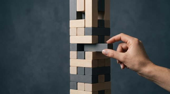 Close up hand pulling wood block from jenga tower for risk management and challenge concept