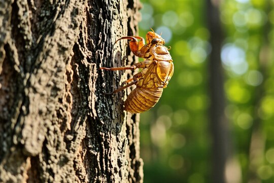 Empty brown cicada exoskeleton clings to textured bark of tree trunk in forest. Close up macro shot discarded shell of molting insect skin. Natural wildlife scene displays metamorphosis phase during