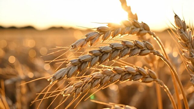Golden wheat ears undulating in a gentle zephyr, their ripened kernels illuminated by aureate sunlight and shallow focus