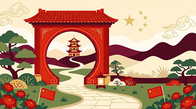 A picturesque view of a traditional chinese gate leading to a serene landscape celebrating china's rich culture