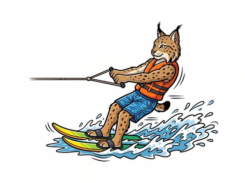 Cool Anthropomorphic Lynx Water Skiing on a Lake