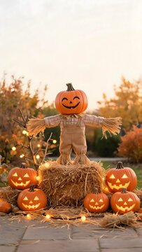 Halloween pumpkin lantern scarecrow autumn day courtyard decoration