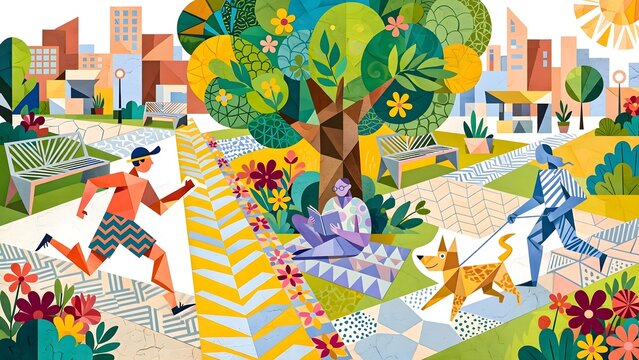 Bright Urban Summer Park Graphic Illustration with Abstract Jogger Reader Under Tree Dog Walking Geometric Pathways and City Benches