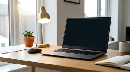 Fototapeta premium Bright home office workspace featuring a modern laptop, stylish gold lamp, and a plant on a wooden desk, perfectly arranged for remote work and focused study