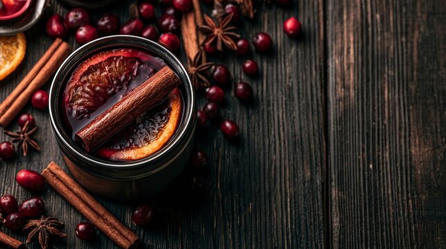 Mulled wine in metal cup with orange and cranberries
