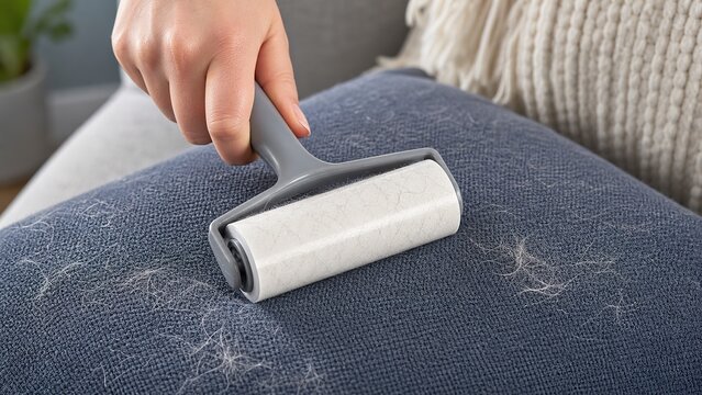 close up view of a hand utilizing a lint roller to eliminate pet hair from a blue couch cushion highlighting the importance of effective cleaning tools for keeping home upholstery and furniture clean