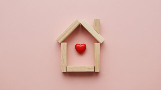 Wooden Blocks Shaped Like a House with a Small Red Heart Symbol Isolated on a Soft Pastel Pink Abstract Background Concept