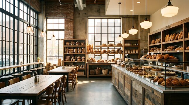 Bright, modern bakery cafe interior with rustic wooden tables, large industrial windows, and extensive displays of fresh artisan breads and pastries