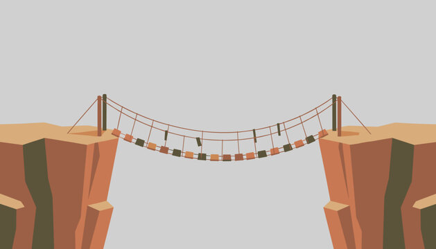 Damaged broken rope bridge hanging precariously between two steep canyon cliffs with missing planks.