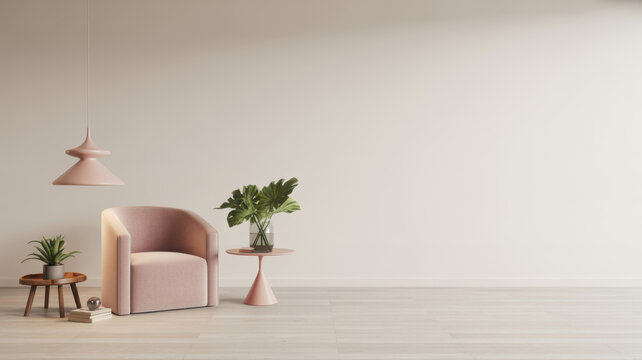 Minimalist Pastel Pink Armchair and Modern Decor in a Bright Spacious Living Room Interior with Empty Wall Space for Design Mockup