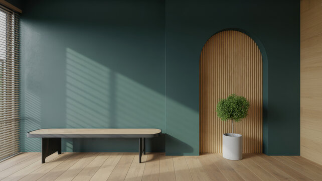 Modern Minimalist Living Room Interior Featuring a Sleek Wooden Bench and Arched Wall Detail with Natural Sunlight Shadows