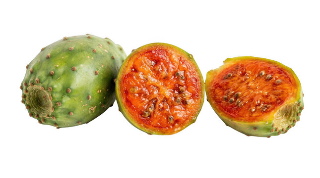 Whole and sliced prickly pear cactus fruits isolated on transparent background