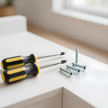 Two screwdrivers and a group of screws on a white surface, home improvement and assembly