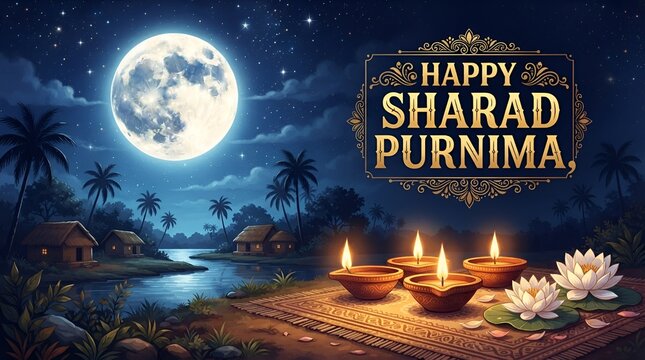 Full moon in night sky with Happy Sharad Purnima text celebration festive glowing clouds