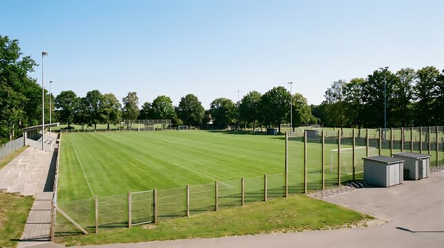 Brightly lit green soccer field, freshly mown and ready for sports. Fenced pitch surrounded by trees, perfect for training and community games, symbolizing athletic readiness