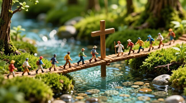 Small figures walk across wooden bridge over forest river. People cross stream on plank with tall cross standing in center. Tiny men women move along path through nature. Group journey symbol of