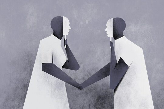 Conceptual vector illustration of two people with  hidden identity, false identity and lack of authenticity shaking hands