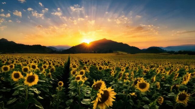 Vast field of sunflowers bathed in golden sunset light, with mountains in the distance