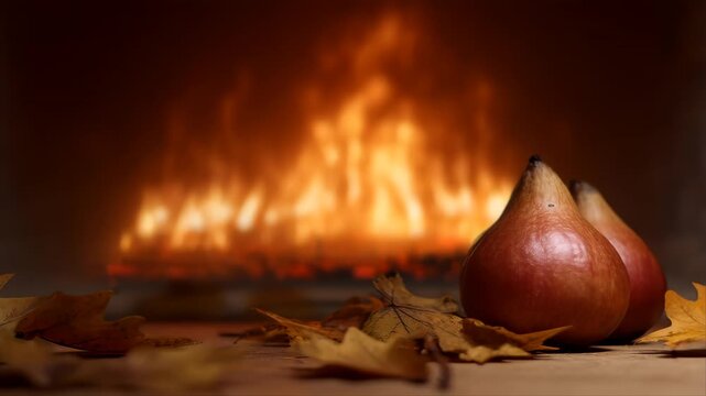 Hyperrealistic Medlar Fruit Glowing Near a Flickering Fireplace with Autumn Leaves. Warm Lighting and Seasonal Ambiance.