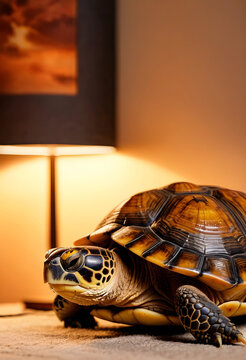 Close up of a turtle with a patterned shell and head, illuminated by a warm lamp light in an indoor setting, the reptile is positioned indoors