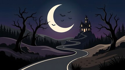 Fototapeta premium A captivating halloween night scene featuring a crescent moon spooky trees a haunted house and a winding road perfect for festive designs