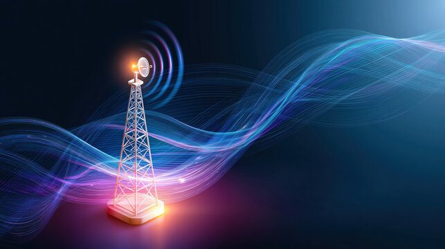 Wireless communication tower with glowing signal waves on dark background