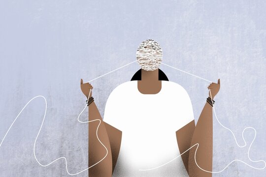 Conceptual illustration of a woman controlling strings covering her face, symbolizing manipulation, control, dependency and loss of personal freedom