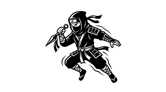 Ninja warrior jumping with kunai silhouette.