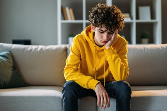 Sad curly haired teenage boy wears yellow hoodie sitting on couch at home. Lonely youth feels depressed, tired with hand on face looking down. Stressed student suffers from anxiety, mental health