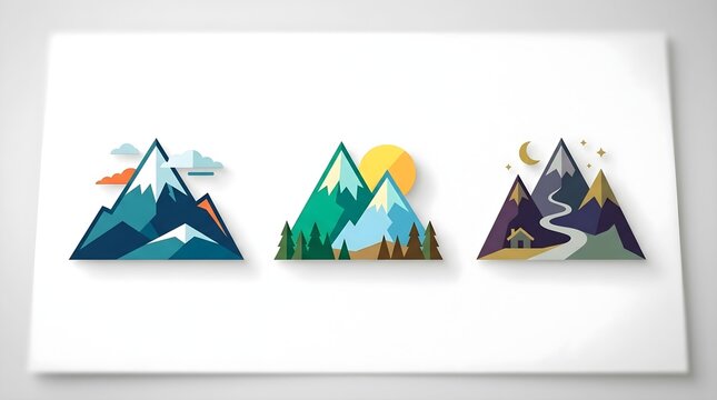 Minimalist mountain landscape icons with day and night cycles